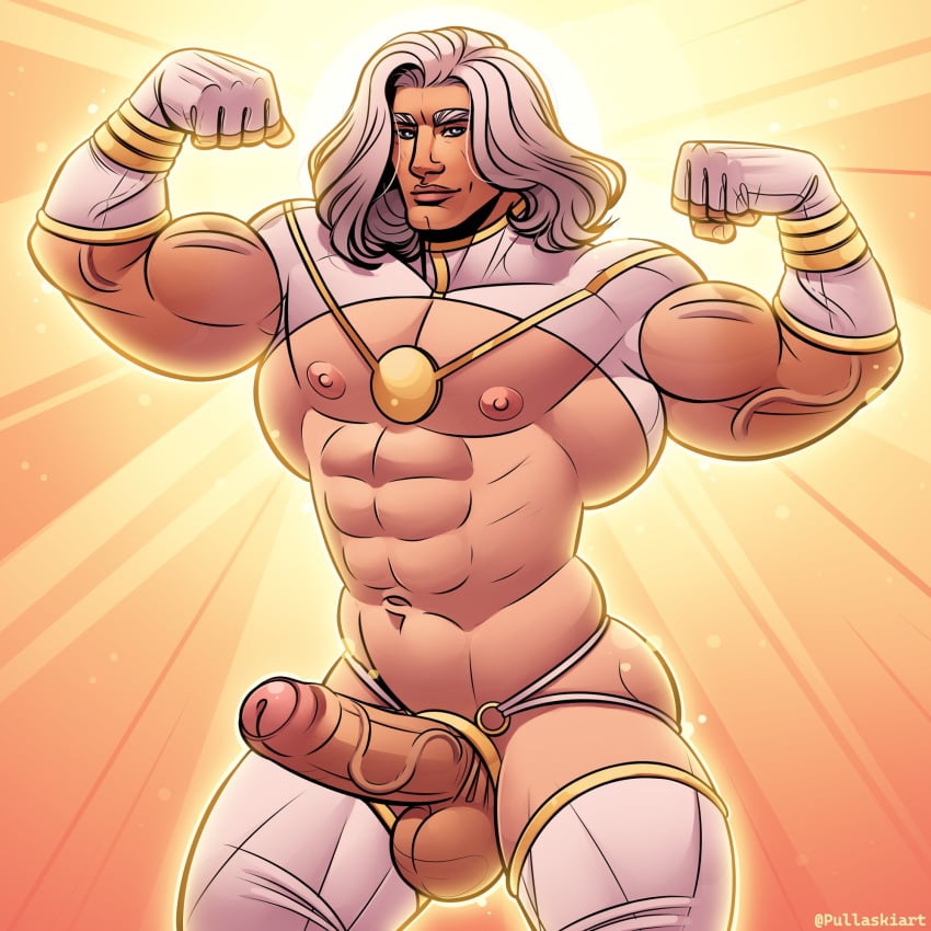 andrew_pulaski apollo dc dc_comics flexing flexing_bicep large_penis long_hair male male_only muscle muscular_male pullaskiart slutty_outfit tanned tanned_male tanned_skin uncut uncut_penis veiny_penis white_hair