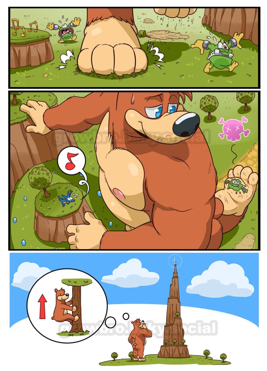 anthro ass banjo-kazooie banjo_(banjo-kazooie) bear belly blue_eyes brown_body brown_fur comic flaccid fur genitals growbro growing hi_res macro male mammal mountain nipples nude pecs penis rareware slightly_chubby thinking thought_bubble