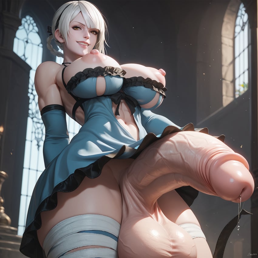 1futa abs ai_generated bandage big_ass big_balls breasts erect_penis erection evil_grin futa_only futa_sans_pussy futanari gq32970 huge_breasts huge_cock kaine_(nier) large_penis looking_at_viewer muscular_futanari navel negligee nier nier:_automata nude penis solo solo_futa testicles thighs uncensored veins veiny_penis