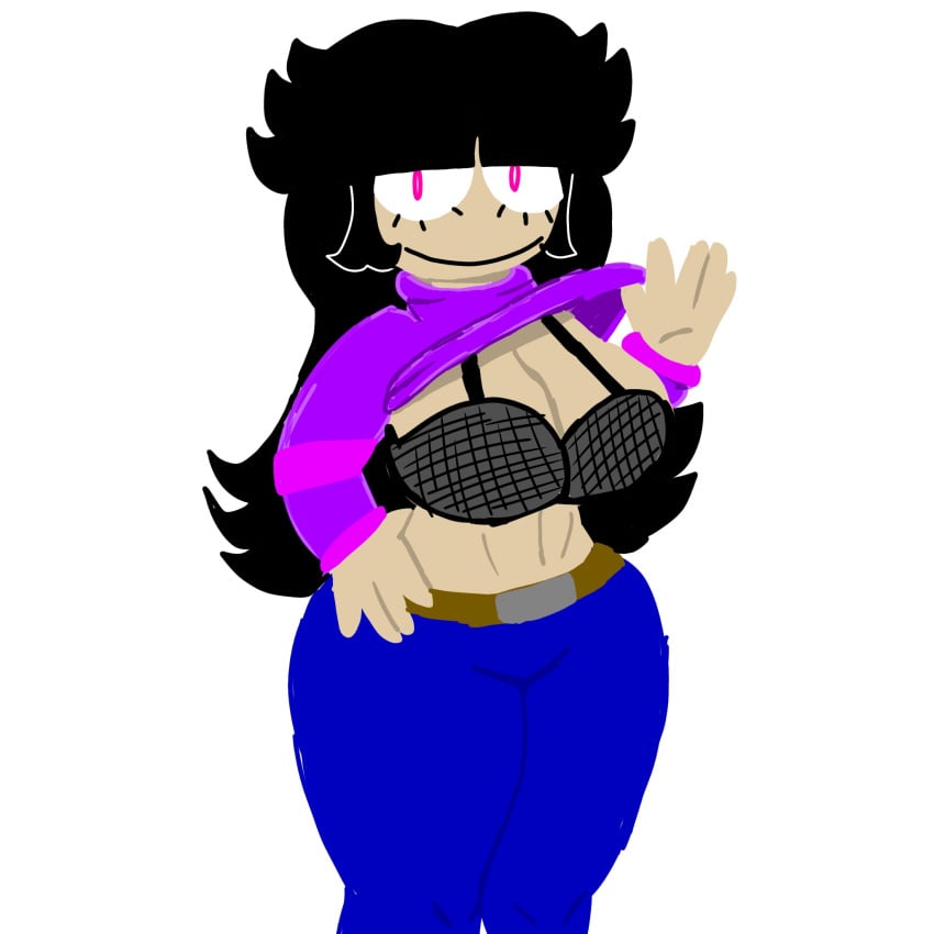 big_breasts black_bra clothes_up needlemouse_(series) purple_sweater sarah_henderson_(needlemouse) showing_breasts smile