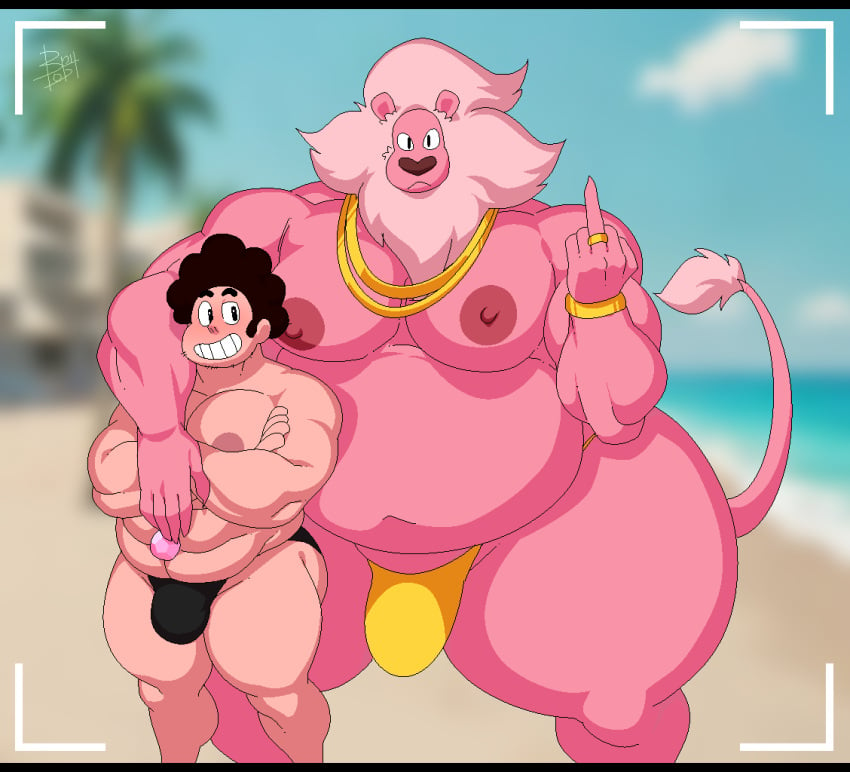 1anthro 1human 2boys 2males anthro ass bara bara_tiddies bara_tits beach beach_background belly big_ass big_belly big_butt blush bobthetanuki bulge camera canid canine cartoon_network chubby chubby_male extrasizedbob fat fat_belly fat_male fat_man furry gay gold_jewelry humanoid jewelry kemono lion lion_(steven_universe) looking_at_viewer male male/male male_only middle_finger muscular muscular_male muscular_thighs nipples overweight overweight_male pink_body pink_fur size_difference steven_quartz_universe steven_universe swimsuit swimsuit_only tail thick_thighs underwear wide_hips