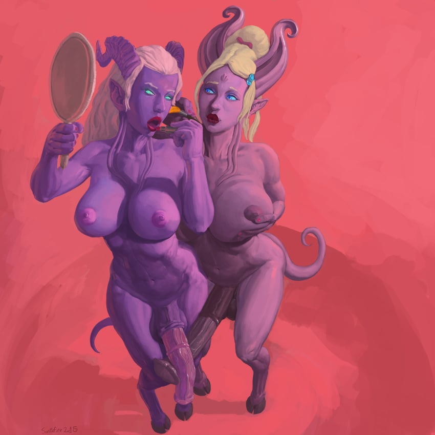 2futas blonde_hair blue_eyes breasts draenei erection flared flared_penis futa_on_futa futa_only futa_with_futa futanari glowing_eyes hair hooves horns horseballs horsecock intersex large_breasts large_penis lipstick long_hair make-up navel nipples nude penis penises_touching pointy_ears ponytail santafire semi-erect shuna standing tail testicles tied_hair white_hair world_of_warcraft