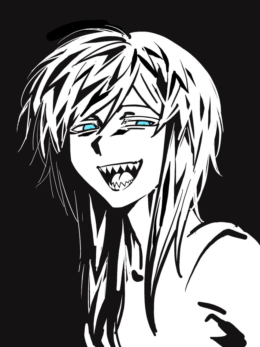 1girl 1girls black_and_white blue_eyes breasts bugs_bug_me class_of_'09 emily_(class_of_'09) fang fangs fangs_out female female_focus female_only long_hair looking_at_viewer looking_down messy_hair shark_teeth sharp_teeth shirt small_breasts smile white_shirt