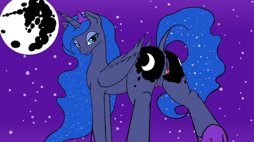 alicorn animal_genitalia anus blue_eyes blue_fur blue_hair breasts clitoral_winking clitoris crotchboobs crown cutie_mark equine equine_pussy female feral friendship_is_magic fur hair half-closed_eyes hoffi horn long_hair looking_at_viewer mammal moon my_little_pony night outside presenting princess_luna_(mlp) pussy raised_tail royalty smile solo star starry_sky wings