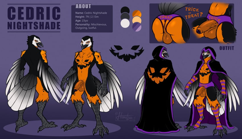 absurd_res anthro anus ass avian avian_feet backsack balls bird butt_focus cape cedric_nightshade_(furchev) clothed clothed/nude clothing corvid corvus_(genus) crow darkened_balls darkened_genitalia darkened_penis feet foreskin fur genitals glans gloves halloween handwear hi_res himitsuarts holidays humanoid_genitalia humanoid_penis legwear male model_sheet nude orange_balls orange_body orange_fur orange_penis orange_perineum oscine passerine penis perineum purple_anus purple_eyes purple_glans skimpy solo stockings talons toes trick-or-treating vein veiny_penis