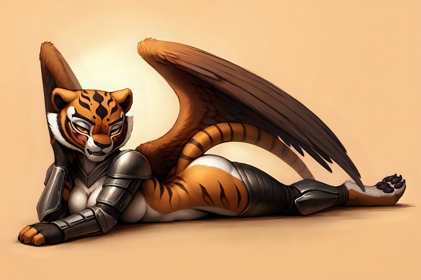 ai_generated angel anthro armor ass frosting.ai gothic_armor kung_fu_panda lying lying_on_belly master_tigress seductive tiger wings