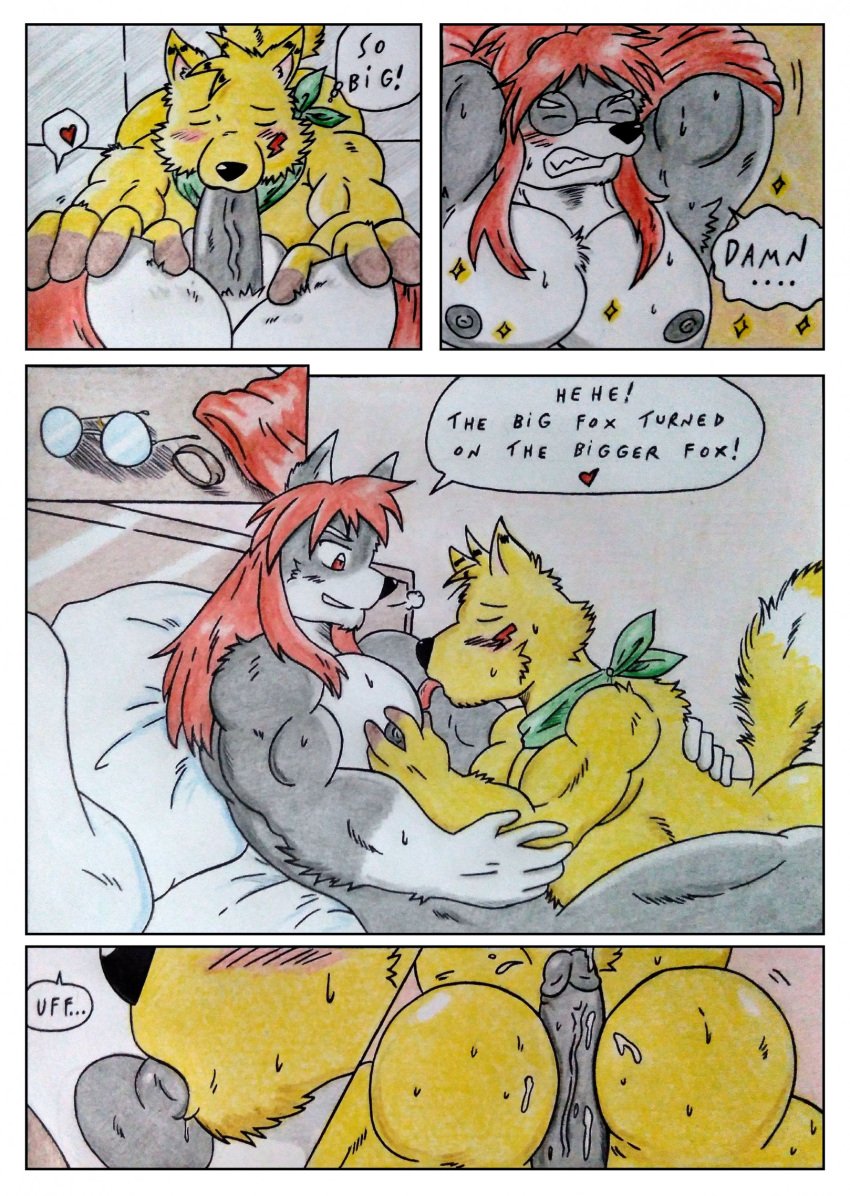 anal_sex black_fur blowjob booty_sex buttsex dashthefox dashthefox_(character) fever_(firefox-fever) gay gay_sex horny muscles muscular penis porn_comic traditional_media yellow_fur