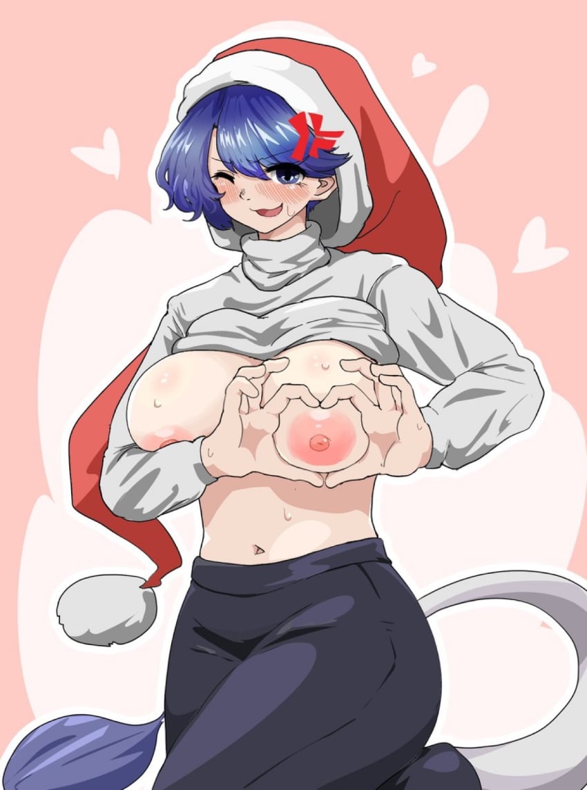 1girls anger_symbol areolae arm_under_breasts big_ass big_breasts black_pants blue_eyes blue_hair doremy_sweet hat heart-shaped_boob_challenge heart_gesture ise_corridor long_sleeves nipples stomach sweat sweater sweater_lift tail tail_tuft thick_thighs touhou