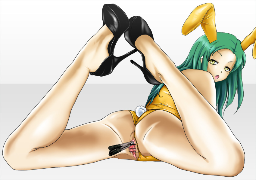 animal_ears ass bar_censor bunny_ears bunnysuit censored cute_fang female from_behind green_hair high_heels insertion jelly_fish_(artist) long_hair looking_back object_insertion open_mouth pen pussy suzumiya_haruhi_no_yuuutsu tsuruya yellow_eyes