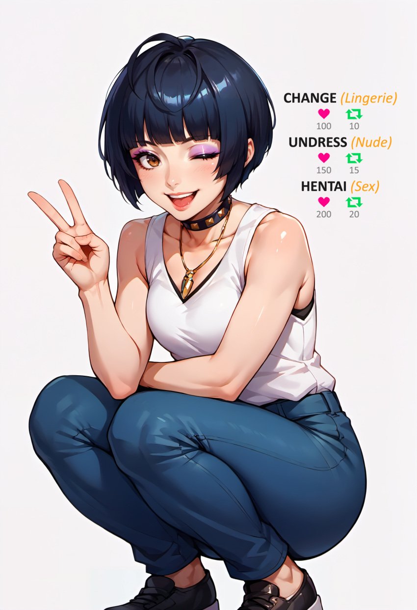 ;d ai_generated bangs bare_shoulders black_footwear black_hair blue_pants blush breasts brown_eyes choker collarbone denim english_text eyeliner eyeshadow female high_resolution highres jeans jewelry looking_at_viewer makeup medium_breasts meme necklace one_eye_closed open_mouth pants persona persona_5 shoes short_hair simple_background sleeveless smile solo squatting stable_diffusion tae_takemi tank_top teeth v waifuscans418 white_background