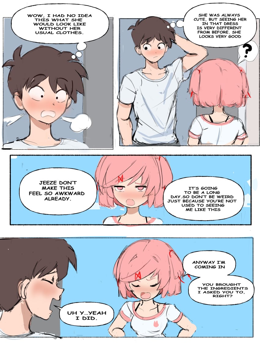 1boy 1girls blush comic comic_page dialogue doki_doki_literature_club english_text female human male mc_(doki_doki_literature_club!) natsuki_(doki_doki_literature_club) pink_eyes pink_hair question_mark rakeemspoon shirt text wholesome