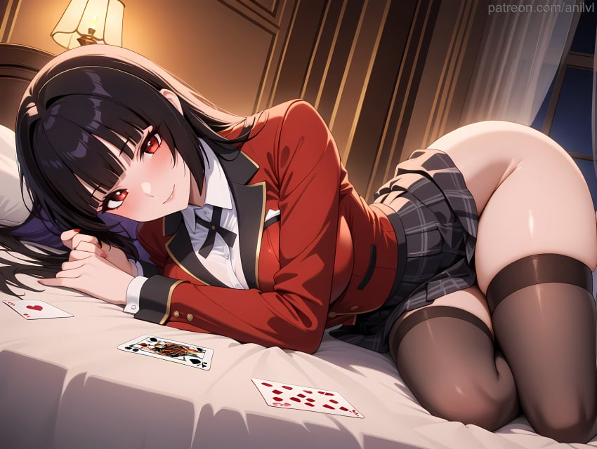 1girls ace_(playing_card) ace_of_spades ai_generated anilvl bangs bed bed_sheet black_hair black_ribbon black_skirt black_thighhighs blazer blunt_bangs blush breasts card closed_mouth clothes_lift collared_shirt curtains dress_shirt hime_cut indoors jabami_yumeko jacket kakegurui lamp large_breasts long_hair long_sleeves looking_at_viewer lying miniskirt nail_polish night no_panties on_bed on_side parted_lips pillow plaid playing_card pleated_skirt red_eyes red_jacket red_nails ribbon school_uniform shirt skindentation skirt skirt_lift smile solo thighhighs thighs white_shirt window