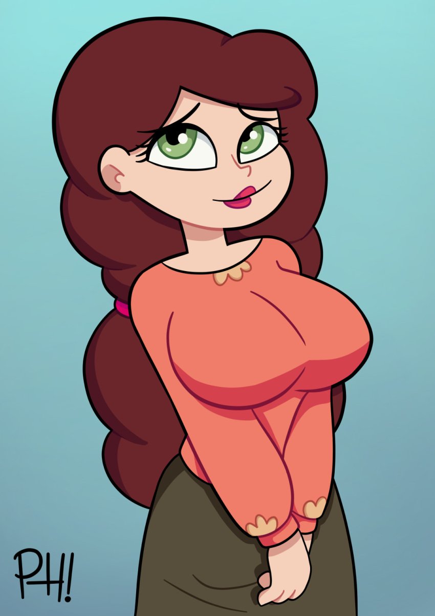 1girls angie_diaz brown_hair clothed clothed_female clothing disney_xd female female_only green_eyes human human_only lipstick long_hair long_skirt long_sleeve_shirt looking_up milf phantomnsfw red_lipstick smile solo star_vs_the_forces_of_evil