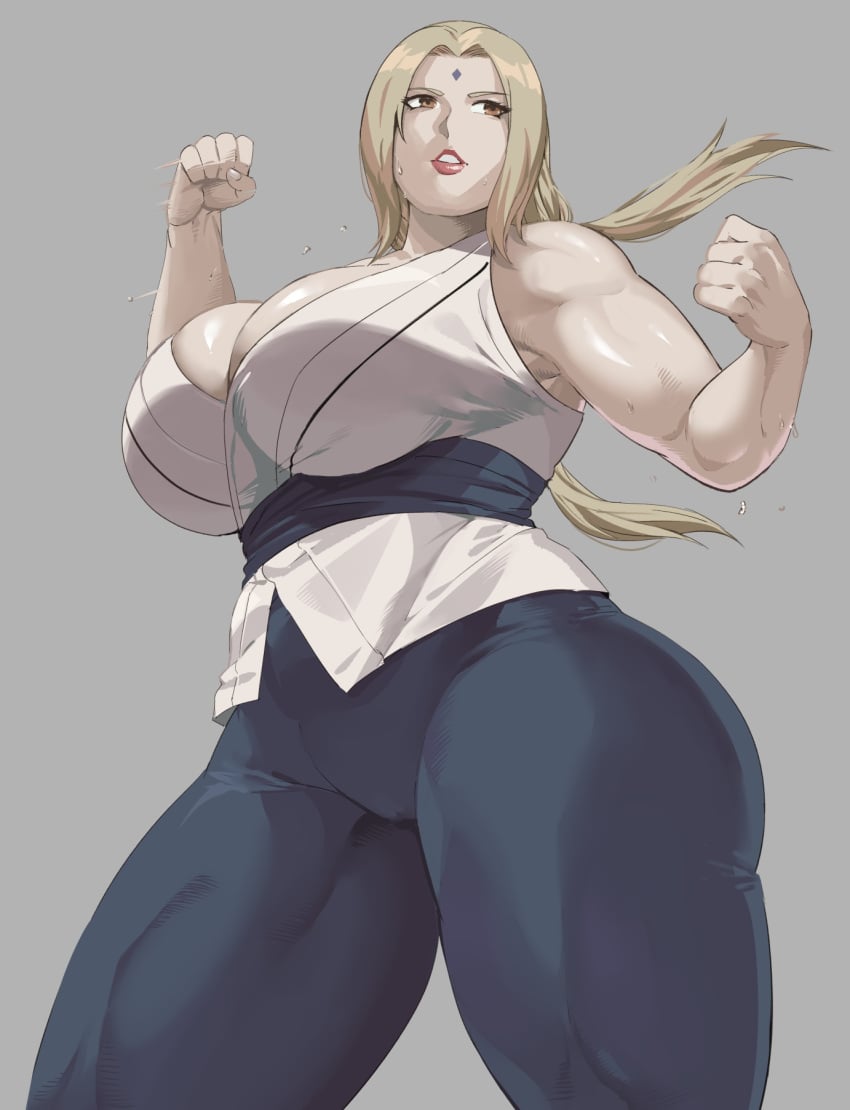 black_pants blonde_hair breasts brown_eyes cleavage clenched_hands facial_mark female forehead_mark from_below grey_background highres huge_breasts long_hair mature_female naruto naruto_(series) naruto_shippuden obi pants ryopie sash shirt simple_background sleeveless sleeveless_shirt solo sweat toned toned_female tsunade white_shirt