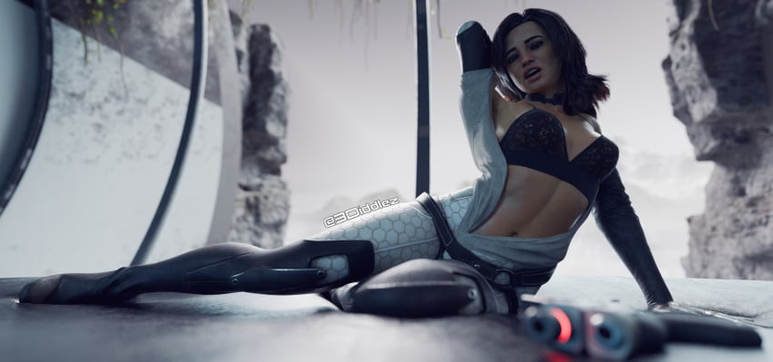 3d 3diddlez black_bra black_hair blender blender_(software) blender_cycles bra female knee_boots mass_effect miranda_lawson open_suit pinup self_upload solo_female