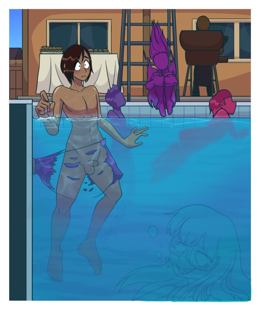 1boy blueycitrus blush brown_hair clothing_damage embarrassed embarrassed_nude_male enm exposed_penis forced_strip male penis pool public_exposure public_indecency ripped_shorts silhouette skinny_dipping swimming tan_body tan_skin