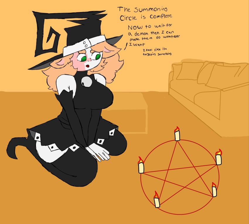 breasts breasts breasts cat_bell cat_ears cat_tail cat_witch catgirl dialog dialogue green_eyes halloween huge_boobs huge_breasts huge_breasts kat(sl33py_demon) orange_hair original original_character pink_fur sitting sitting_on_floor sl33py_demon summoning summoning_circle text white_fur witch_costume witch_hat