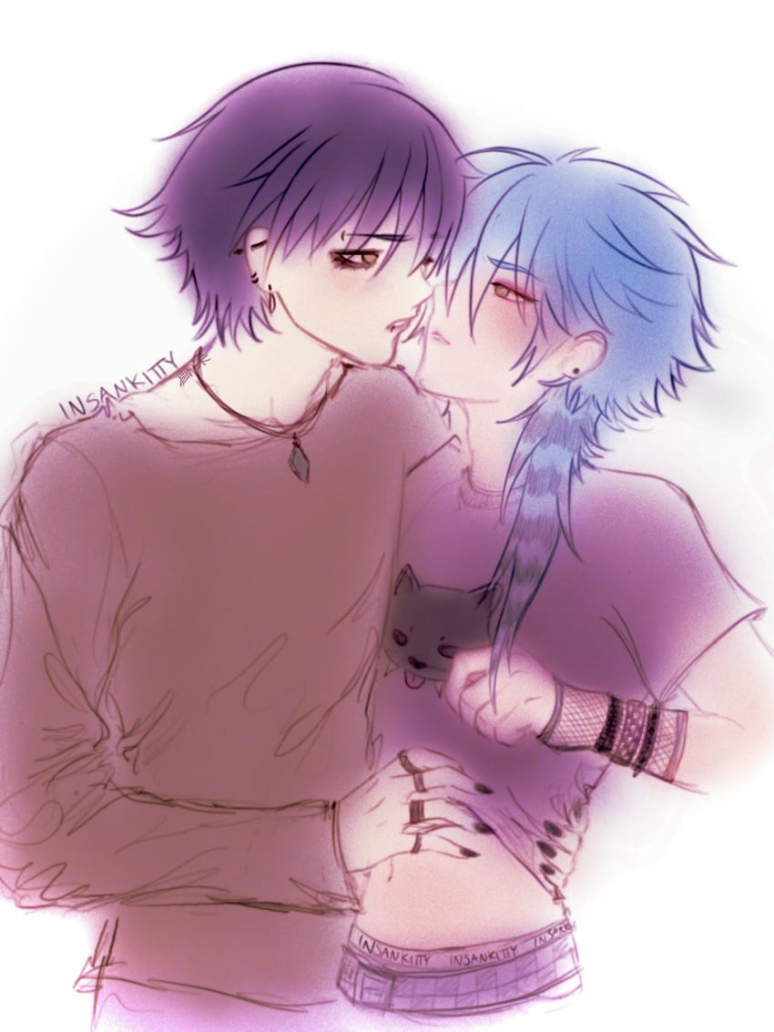 aoba_seragaki black_hair black_nail_polish black_nipples black_shirt blue_hair blue_shirt blue_topwear blush clothed clothing dramatical_murder emo gay gay_male implied_sex insankitty kissing light_blue_hair makeup necklace outfit ren_(dramatical_murder) scene shirt_lift shirtless style yellow_eyes