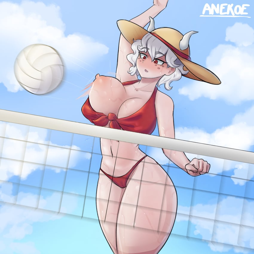 anekoe98 beach beelzebub_(helltaker) bikini female female_only helltaker nip_slip nipples tagme volleyball wardrobe_malfunction white_hair