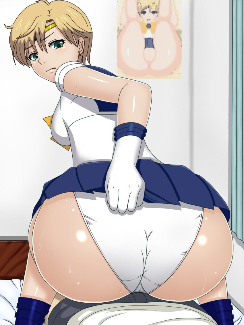 aqua_eyes ass bishoujo_senshi_sailor_moon blonde_hair boots boxers breasts bulge butt_crack buttjob clothing curacao dat_ass dry_humping erection_under_clothes female from_behind gloves haruka_tenou huge_ass looking_at_viewer looking_back male panties poster pov sailor_uranus shiny shiny_skin short_hair sideboob skirt skirt_hold straddling sweat underwear upskirt