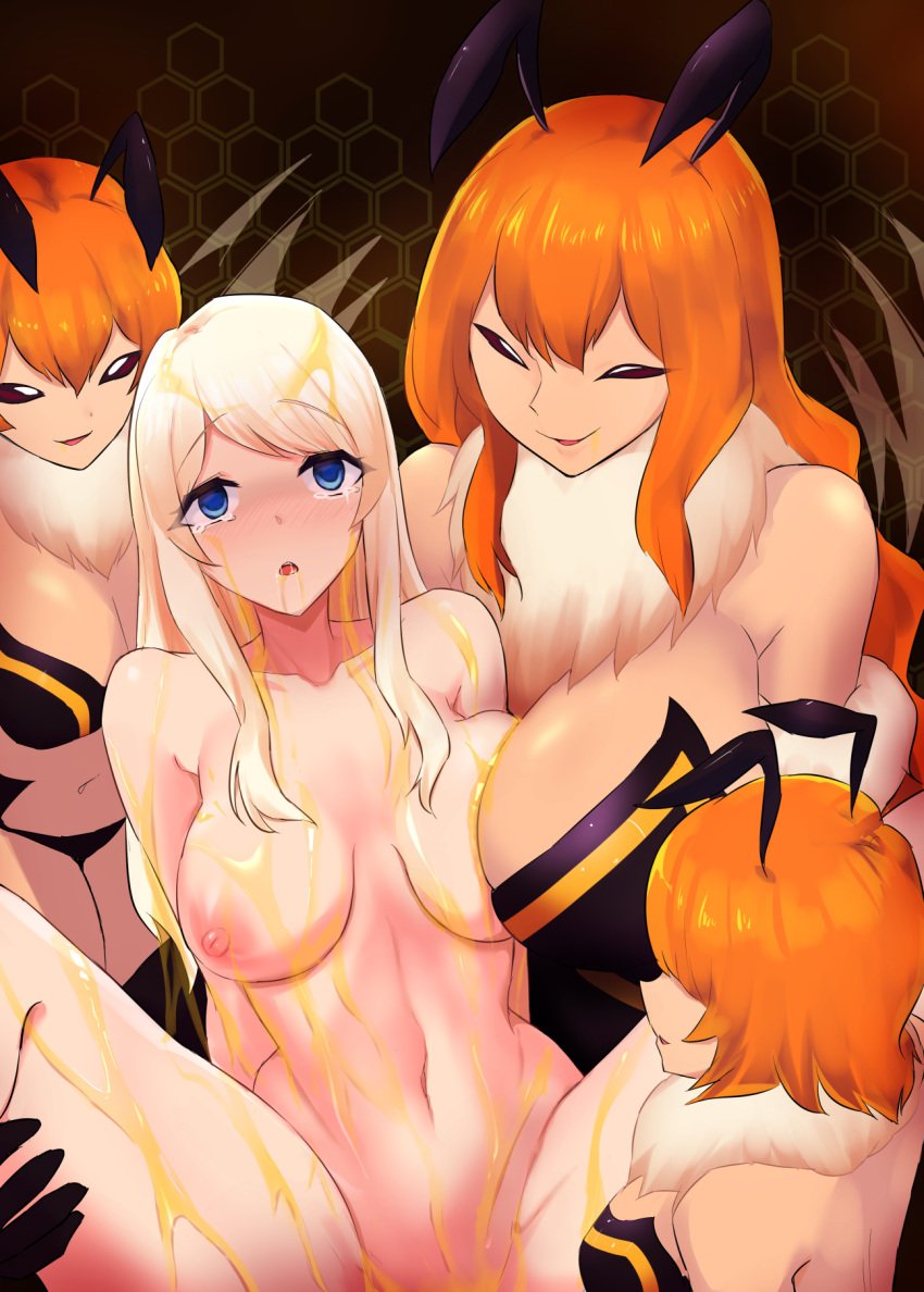 bee_girl blonde_hair blue_eyes breasts cleavage corrupted honey long_hair monster_girl multiple_girls nipples non-human nude orange_hair short_hair