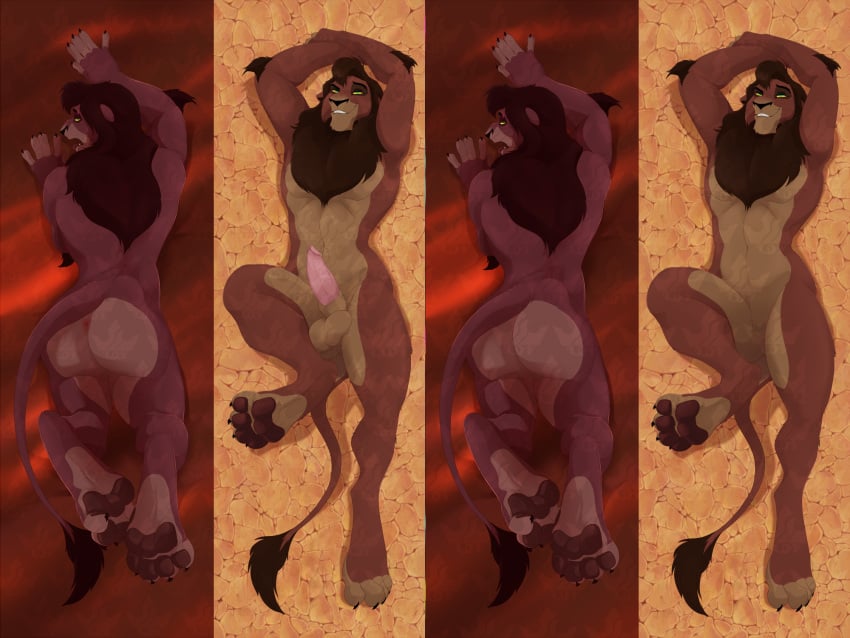 animal_genitalia animal_penis anthro anus balls dakimakura dakimakura_design disney felid feline_genitalia feline_penis genitals hi_res kovu_(the_lion_king) lion looking_at_viewer male mammal pantherine pawpads penis sheath smile solo the_lion_king watermark weskers