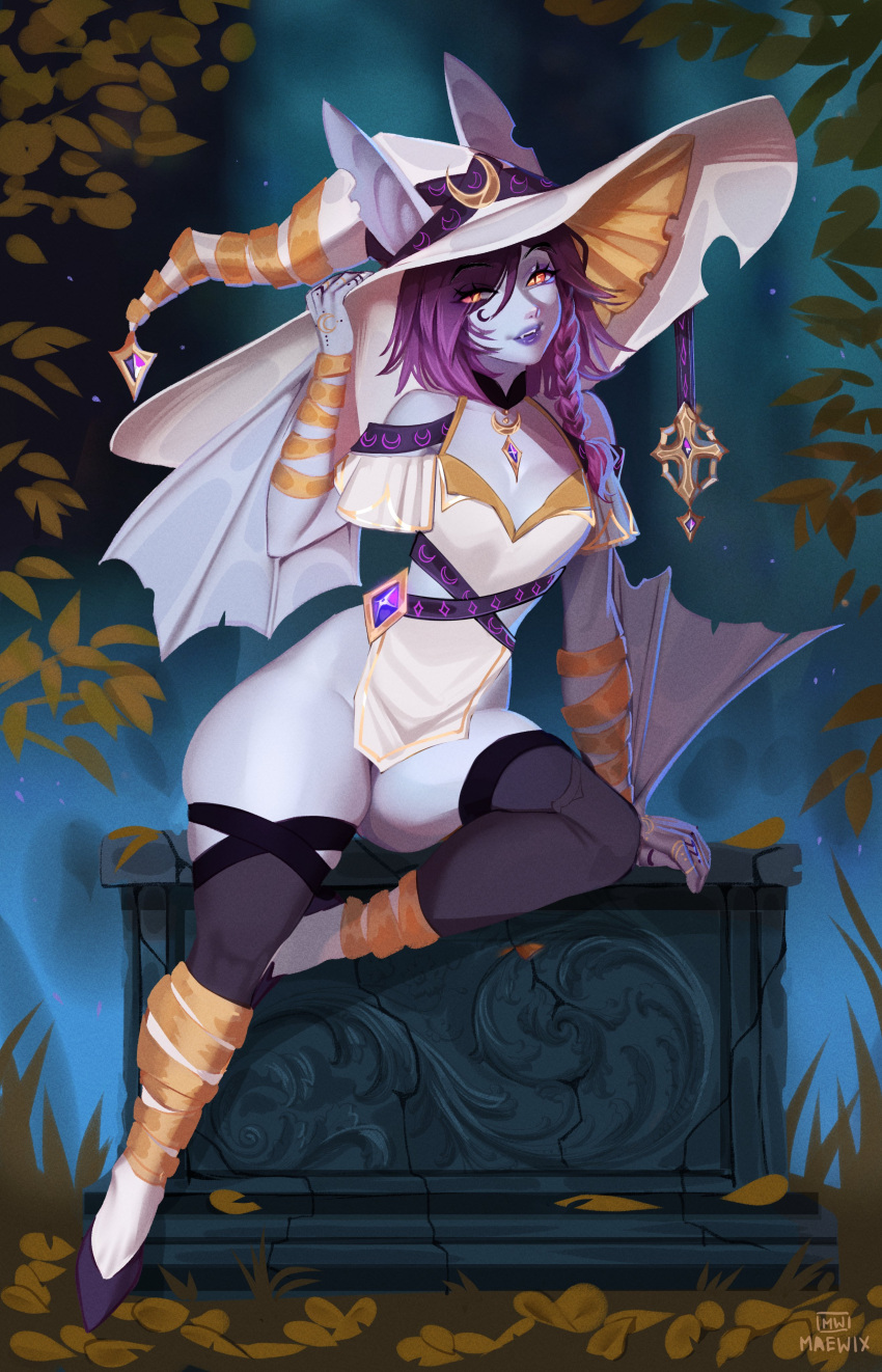 1girls absurd_res bat_ears bat_girl blue_body braid chiropteran chiropteran_humanoid clothing female female_only humanoid large_hat looking_at_viewer maewix1 orange_eyes purple_hair smiling smiling_at_viewer solo stockings thick_thighs winged_arms witch_hat