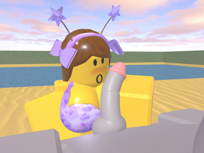 1boy 1boy1girl 1girls 3d :o beach_background big_breasts blocky_body bloxzrd blush bow brown_hair female holding_penis large_breasts large_penis purple_bikini roblox roblox_avatar robloxian yellow_body yellow_skin