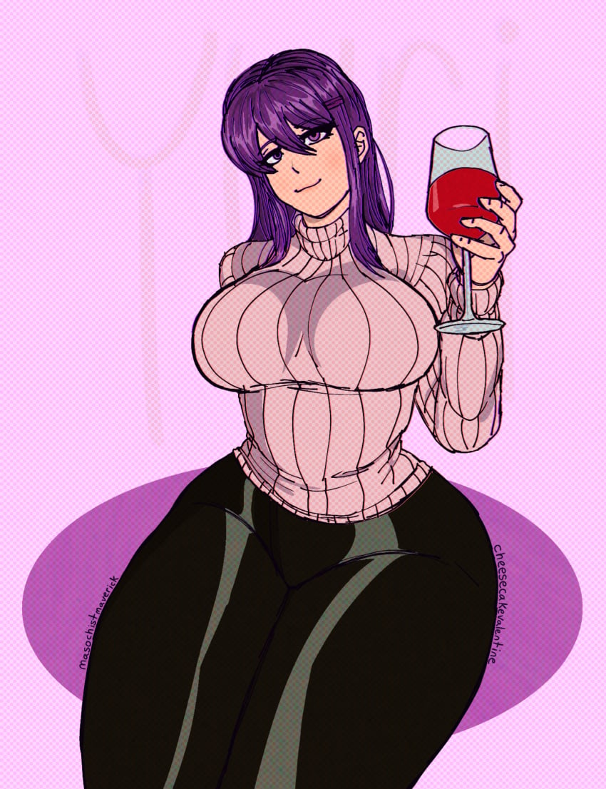 1girls ambiguous_fluids big_breasts big_thighs cel_shading doki_doki_literature_club female_focus female_only gigantic_breasts holding_drink holding_glass holding_object huge_thighs juicy_thighs large_breasts large_hips leggings looking_at_viewer masochistmaverick massive_breasts purple_eyes purple_hair small_waist smiling smiling_at_viewer snatched_waist sweater thick_thighs thick_thighs_save_lives thin_waist tight_clothes tight_clothing tight_pants turtleneck turtleneck_sweater wide_hips yuri_(doki_doki_literature_club)