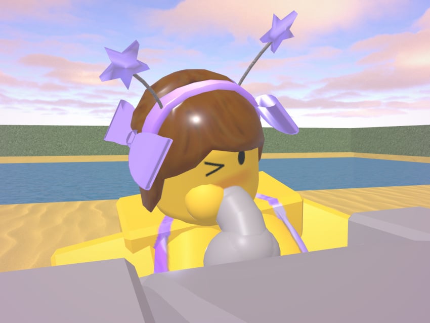 1boy 1boy1girl 1girls 3d beach_background blocky_body blowjob bloxzrd blush brown_hair female oral oral_sex purple_bikini roblox roblox_avatar robloxian yellow_body yellow_skin