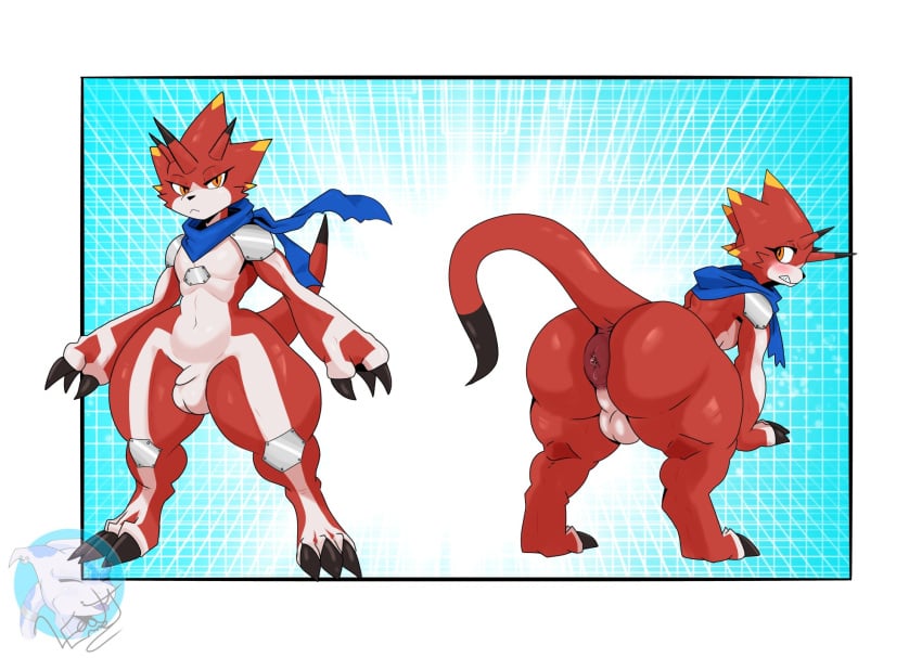 anthro anus ass balls bandai_namco bent_over betelgammamon claws digimon digimon_(species) flaccid genitals hi_res horn leakyemmet male penis presenting presenting_anus puffy_anus red_body scalie scarf solo