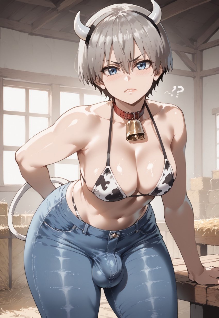 1futa ai_generated bulge cow_bell cow_bikini cow_girl cow_horns cow_print futanari jeans jouthechou penis_bulge thiccwithaq_(ai_style) uzaki-chan_wa_asobitai! uzaki_hana