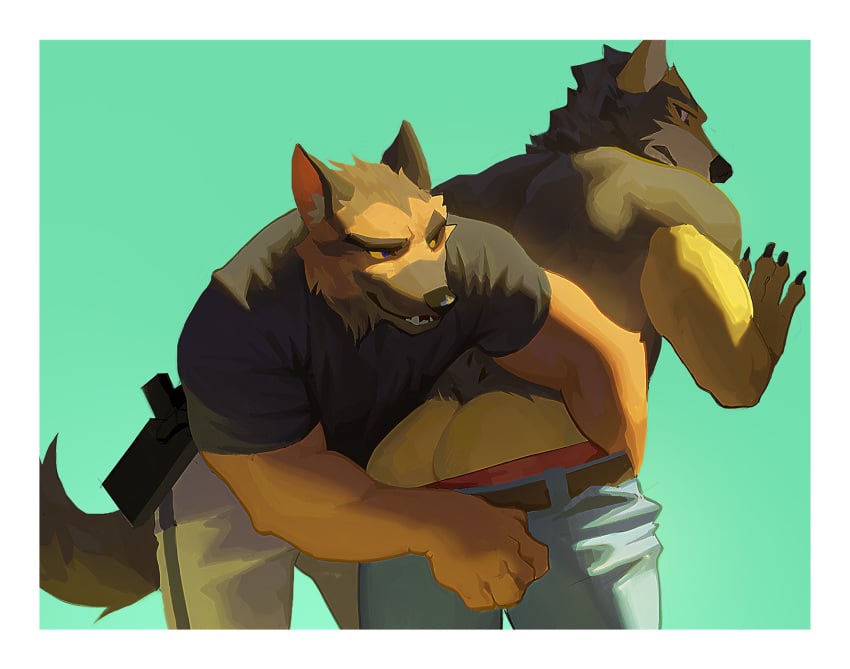 anthro ass beau_(red8ean) bottomwear bottomwear_pull canid canine clothed clothing clothing_pull duo fur hi_res holding_from_behind humanoid looking_back male male/male mammal officer red8ean simple_background tail