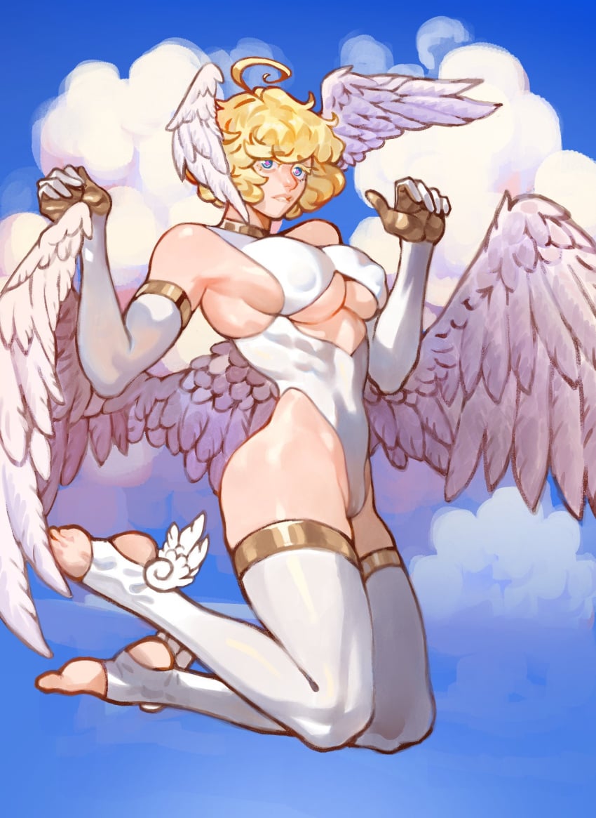 1girls ahoge angel angel_girl angel_wings armwear big_breasts blonde_hair blue_eyes crom feathered_wings female female_only floating gabi_(snegovski) head_wings hi_res legwear leotard looking_at_viewer nipple_bulge solo thick_thighs toeless_legwear toned toned_female white_legwear wings