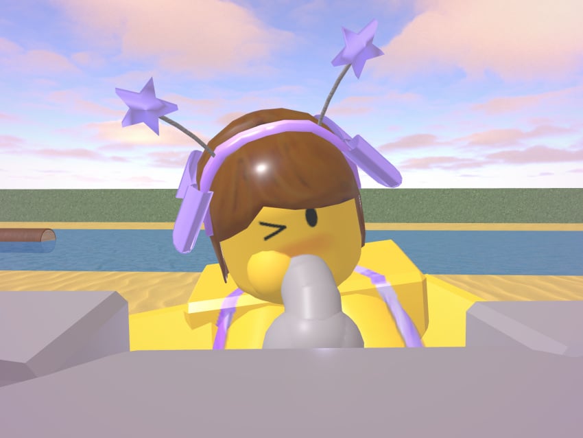 1boy 1boy1girl 1girls 3d beach_background blocky_body blowjob bloxzrd blush brown_hair different_angle female oral oral_sex pov purple_bikini roblox roblox_avatar robloxian yellow_body yellow_skin