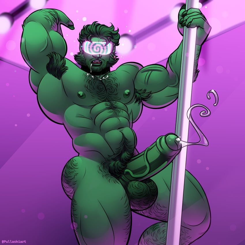 1boy bara beast_boy buff claws dc dc_comics drooling hairy hairy_armpits hairy_ass hairy_balls hypnosis large_balls large_penis leaking_precum male male_only muscle pole pole_dancer pole_dancing pullaskiart solo teen_titans uncensored yaoi