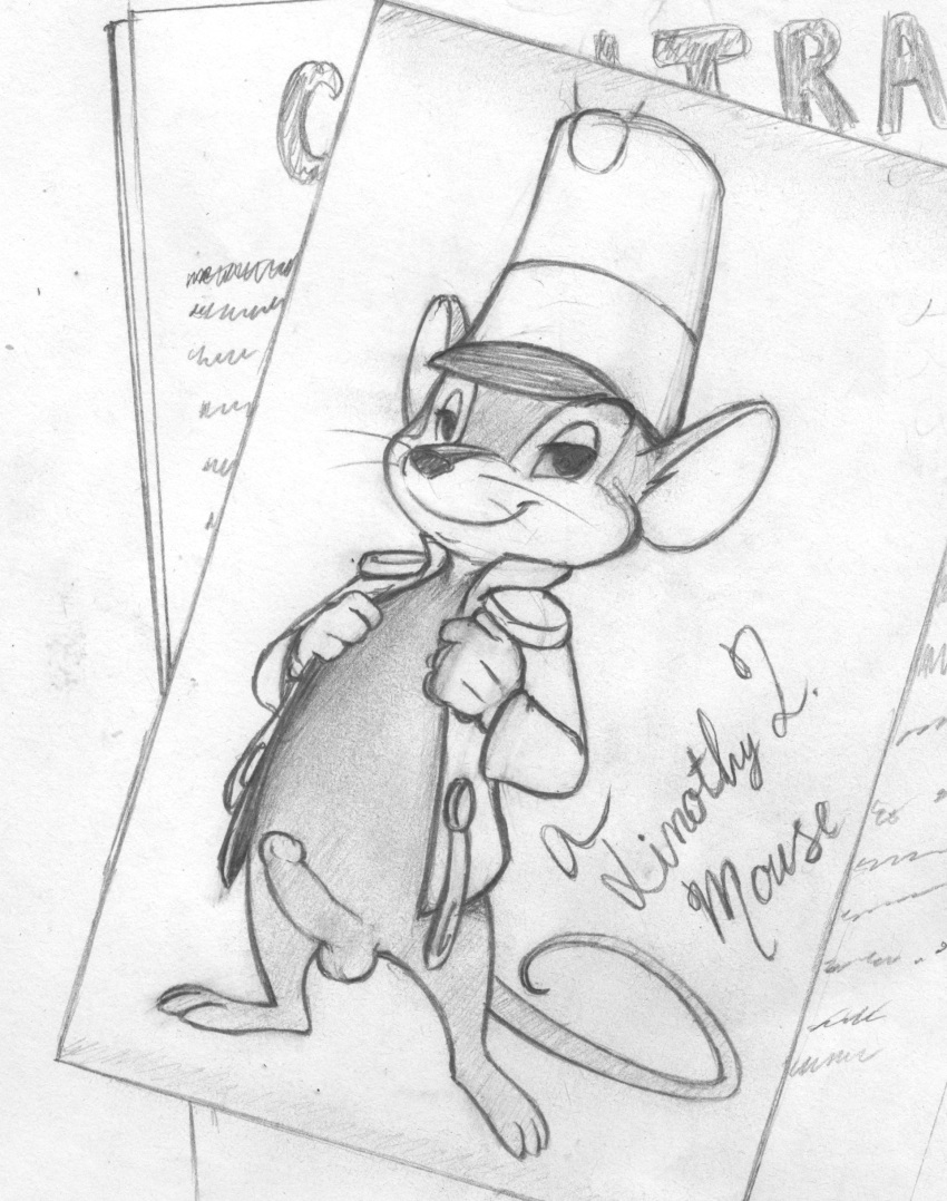 1boy clothing disney dumbo erection grose_(artist) looking_at_viewer male male_only mammal monochrome mouse nude penis rodent rough_sketch simple_background smile solo testicles timothy_mouse