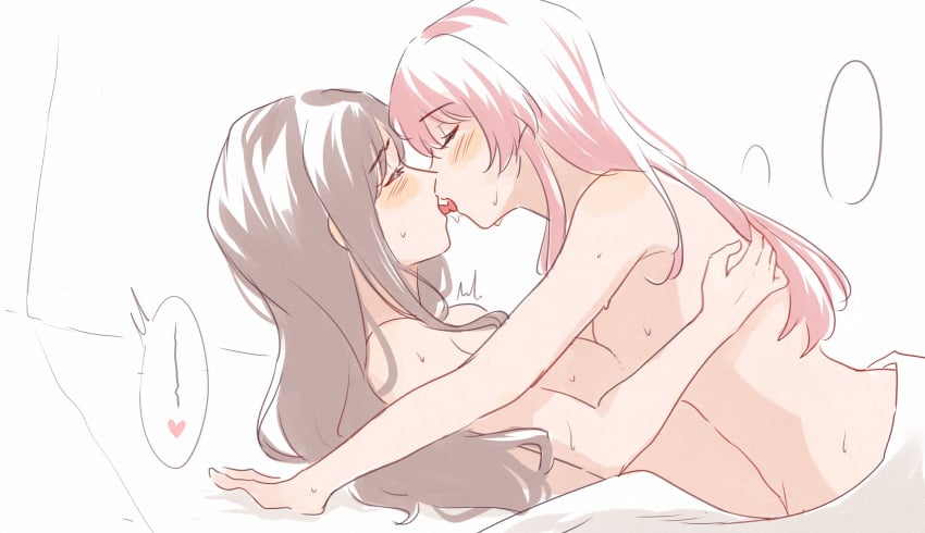 2girls absurd_res arm_around_partner bang_dream! bang_dream!_it's_mygo!!!!! bed bed_sheet blush breast_press breasts brown_hair chihaya_anon closed_eyes color completely_nude dyed_hair heart highres in_bed kissing lighting long_hair looking_pleasured lying lying_on_back lying_on_bed motion_lines nagasaki_soyo pink_hair risai romantic romantic_couple saliva side_view sideass sideboob speech_bubble spoken_heart sweat symmetrical_docking twitching under_covers white_background yuri