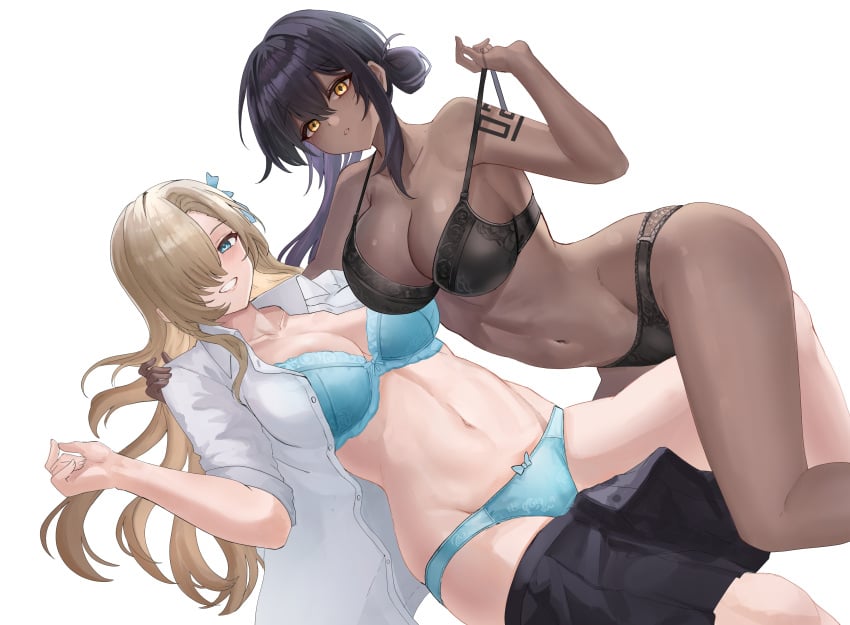 2girls absurdres arm_tattoo asuna_(blue_archive) black_bra black_hair black_pantyhose black_skirt blue_archive blue_bra blue_eyes blue_panties blue_ribbon bra bra_pull breasts chocolate_and_vanilla clothes_pull colored_inner_hair commentary dark-skinned_female dark_skin hair_ribbon highres karin_(blue_archive) large_breasts light_brown_hair looking_at_viewer multicolored_hair multiple_girls navel no_halo number_tattoo one_eye_closed open_clothes open_shirt panties pantyhose pulling_own_clothes purple_hair ribbon shirt simple_background skirt sorajang11 stomach tattoo thighs underwear unworn_skirt white_background white_shirt yellow_eyes