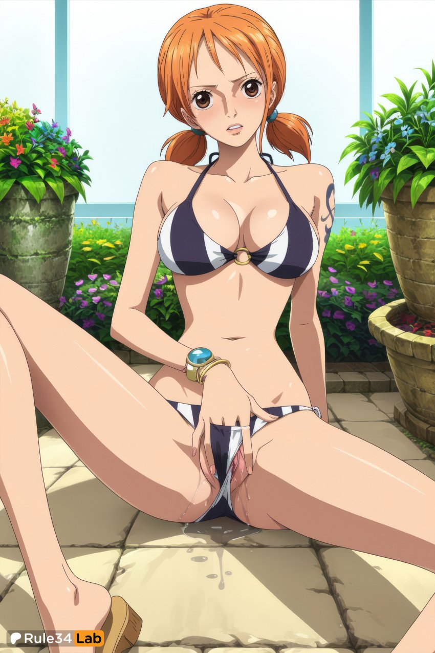 1girls ai_generated bangle big_breasts bikini blush bracelet breasts brown_eyes cleavage collarbone female female_only flower halterneck hi_res jewelry large_breasts legs long_legs looking_at_viewer nami nami_(one_piece) navel o-ring one_piece orange_hair parted_lips partially_visible_vulva plant pussy pussy_juice rule34lab sandals shiny_skin short_hair short_twintails shoulder_tattoo side-tie_bikini_bottom sitting solo spread_legs spread_pussy spread_pussy_under_clothes swimsuit tattoo twintails wet