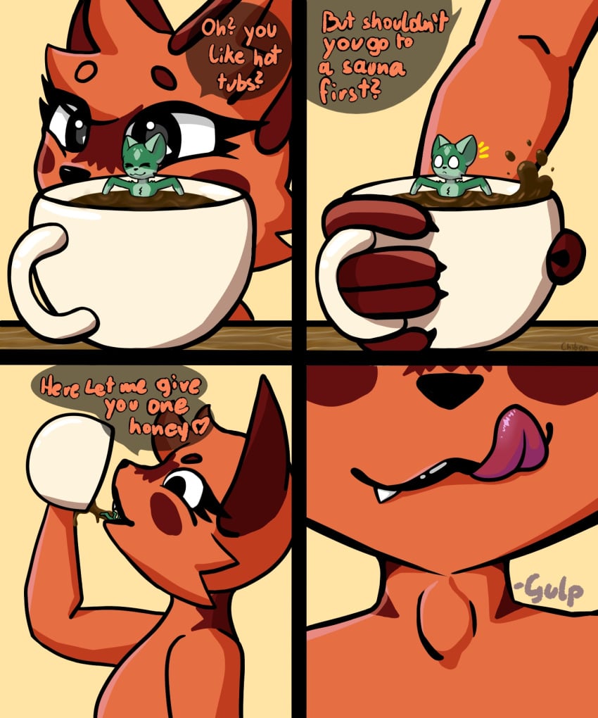 anthro beverage bulge chibon coffee coffee_mug domestic_cat duo extreme_size_difference felid feline felis female hi_res licking mammal micro size_difference sound_effects teeth text tongue tongue_out vore