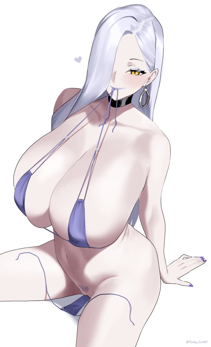 1girls arm_support bare_shoulders bikini blue_lips blush breasts choker cleavage earrings eyeliner fate/grand_order fate_(series) female female_pubic_hair hair_over_one_eye heart hebinyobo(fate_grand_order) highres hoop_earrings huge_breasts jewelry long_hair looking_at_viewer makeup monkey_jon mouth_hold navel omi-san_(fate) pubic_hair purple_bikini simple_background smile solo swimsuit untied_bikini white_background white_hair yellow_eyes