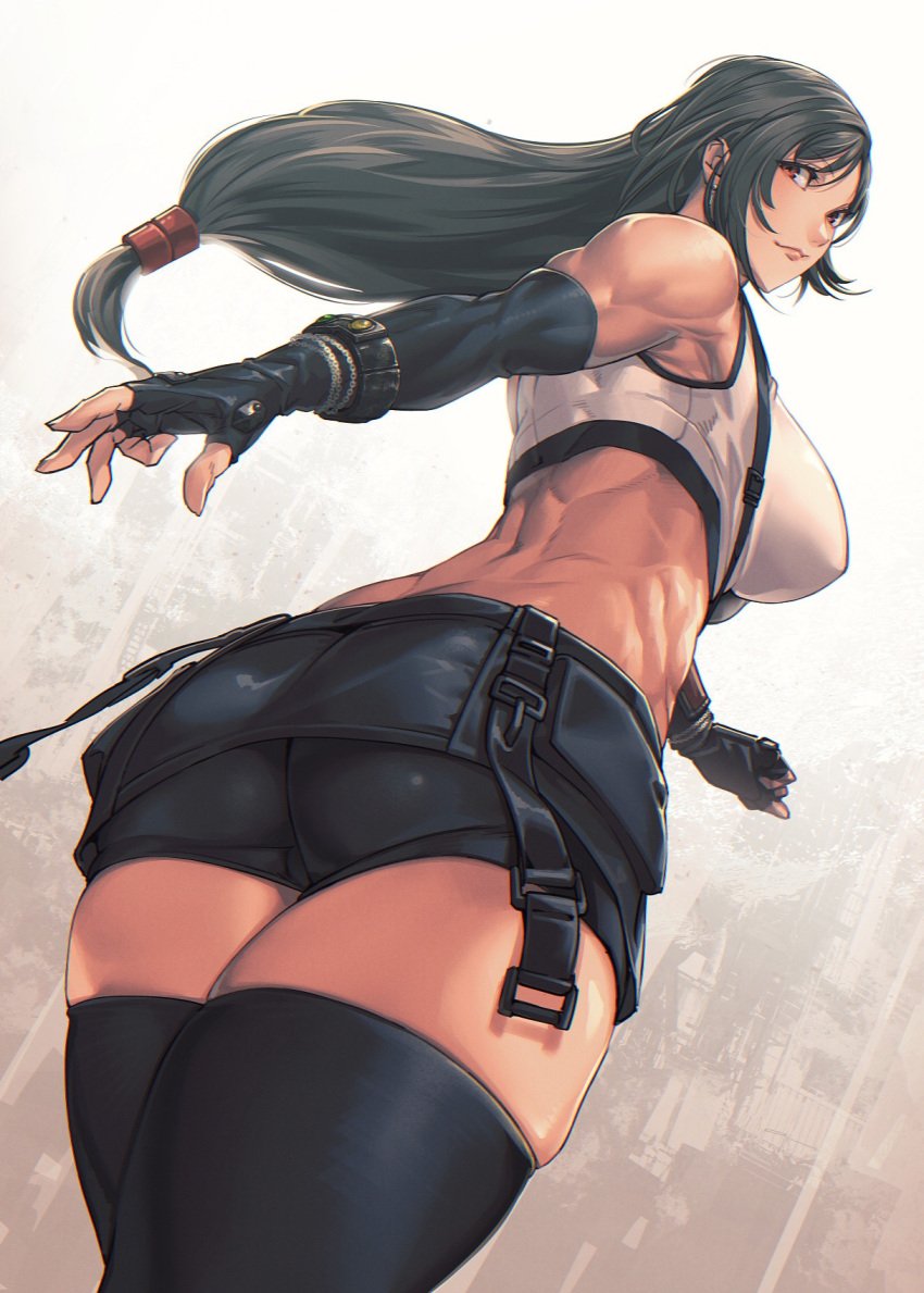 abs bare_shoulders biceps bike_shorts black_hair black_skirt black_thighhighs breasts crop_top earrings elbow_gloves elbow_pads female final_fantasy final_fantasy_vii final_fantasy_vii_remake fingerless_gloves foreshortening gloves highres jewelry large_breasts light_smile long_hair looking_at_viewer looking_back low-tied_long_hair midriff mikel_bk muscular muscular_female obliques ponytail red_eyes shirt single_elbow_pad skirt smile solo suspender_skirt suspenders suspenders_gap tank_top taut_clothes taut_shirt thighhighs tifa_lockhart white_tank_top