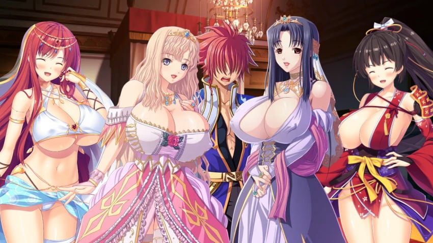 1boy 1boys 4girls breasts cleavage closed_eyes clothed_female clothed_male clothed_male_clothed_female covered_nipples edited_image elda_hylitte female game_cg huge_breasts hyper_breasts kashima_hikari king kyonyuu_fantasy kyonyuu_fantasy_gaiden_2 large_breasts long_hair luceria_von_diamante male male/female married_woman massive_breasts mature_female multiple_girls nymph open_eyes open_mouth queen rokusaanu_do_dejiiru ryuuto_henge sex_open_world_e_youkoso! short_hair smile smiling tiara