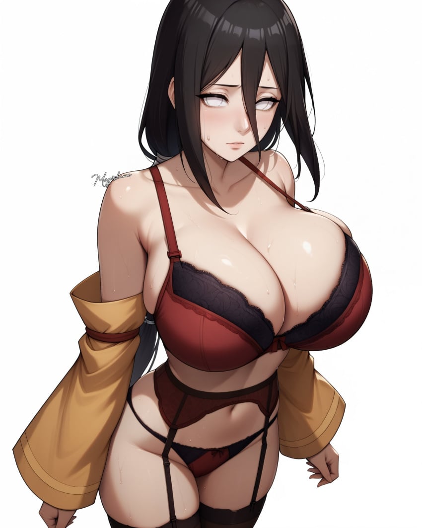 1girls ai_generated bare_chest bare_midriff bare_shoulders big_breasts boruto:_naruto_next_generations bra breasts brown_hair cleavage collarbone detached_sleeves female female_only front_view garter_belt garter_straps huge_breasts hyuuga_hanabi legwear light-skinned_female light_skin lingerie lingerie_bra lingerie_panties looking_at_viewer magiskuwa midriff naruto naruto_(series) oppai panties solo solo_focus stable_diffusion standing stockings thighs underwear underwear_only upper_body url very_long_hair violet_eyes watermark web_address white_skin