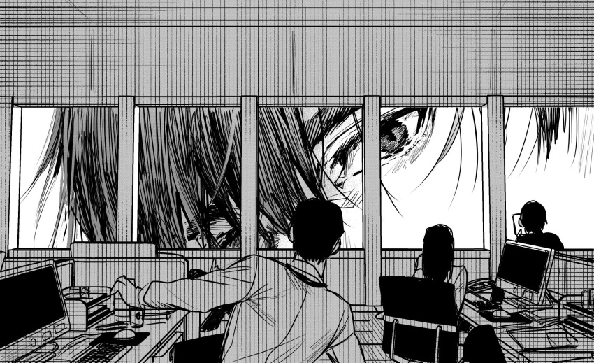 giant giant_male indoors looking_at_viewer male male_focus monochrome multiple_boys original solo_focus yukibi_(ykb)