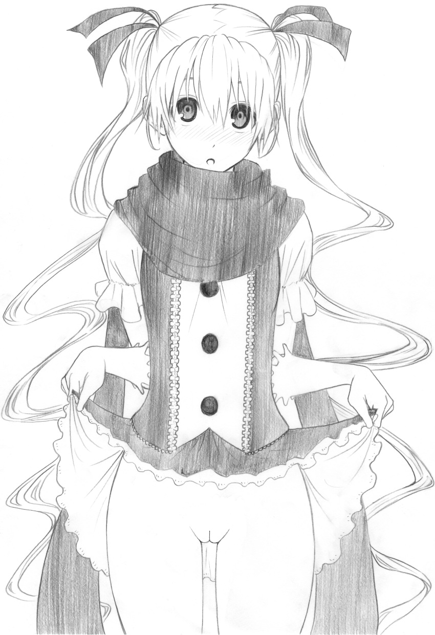 :o blush character_request copyright_request doki_(pixiv) female gamma gloves hair_ornament hair_ribbon long_hair monochrome no_panties open_mouth pussy ribbon scarf simple_background skirt skirt_lift solo tied_hair twintails uncensored