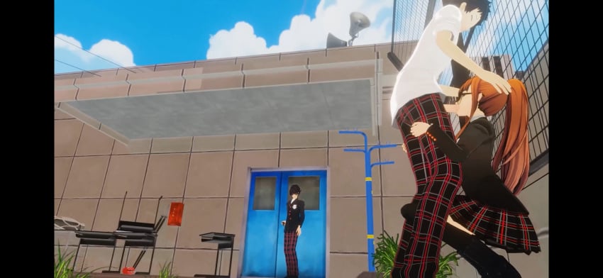 3d akira_kurusu anime blowjob clothed_blowjob clothed_sex cuck deepthroat head_grab head_pull huge_cock long_dick long_penis persona_5 sakura_futaba school_uniform yuuki_mishima