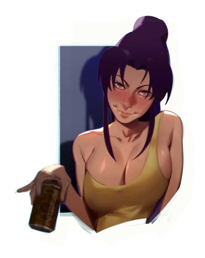 2d 2d_(artwork) absurdres adult_female beer_can big_breasts blush breasts brown_hair can cleavage clothed clothed_female clothing dimple drink_can drunk female female_only hair_intakes highres human human_female human_only katsuragi_misato large_breasts long_hair looking_at_viewer misato_katsuragi neon_genesis_evangelion nips_(ohnips) no_sex questionable shadow smile solo solo_female tank_top updo upper_body yellow_tank_top