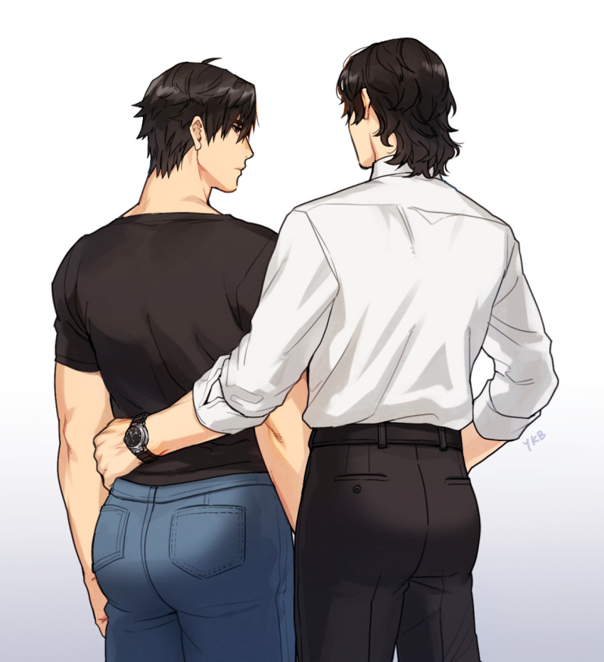 2boys arm_around_waist black_eyes black_hair dress_shirt expressionless gay jeans looking_at_another male male_only multiple_boys muscular original pants rolled_up_sleeves simple_background standing t-shirt watch white_background yaoi yukibi_(ykb)